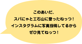 このあいだ、スパにゃと工石山に登ったねっつ!インスタグラムに写真投稿してるからぜひ見てねっつ!